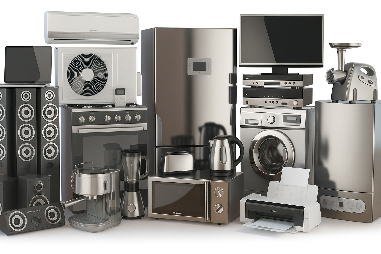 Various household appliances including refrigerator, washing machine, and air conditioner